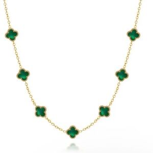 Women’s Emerald 5 Green Motifs Shell Lucky Clover Stainless Steel Necklace Gifts